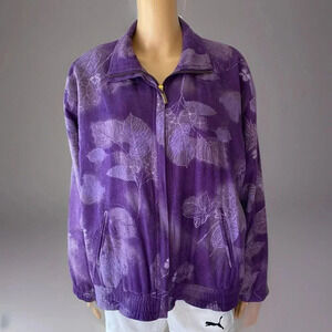 VTG CA Sport 100% Silk Full Zip Jacket Womens M Leaf Floral Pocket Purple